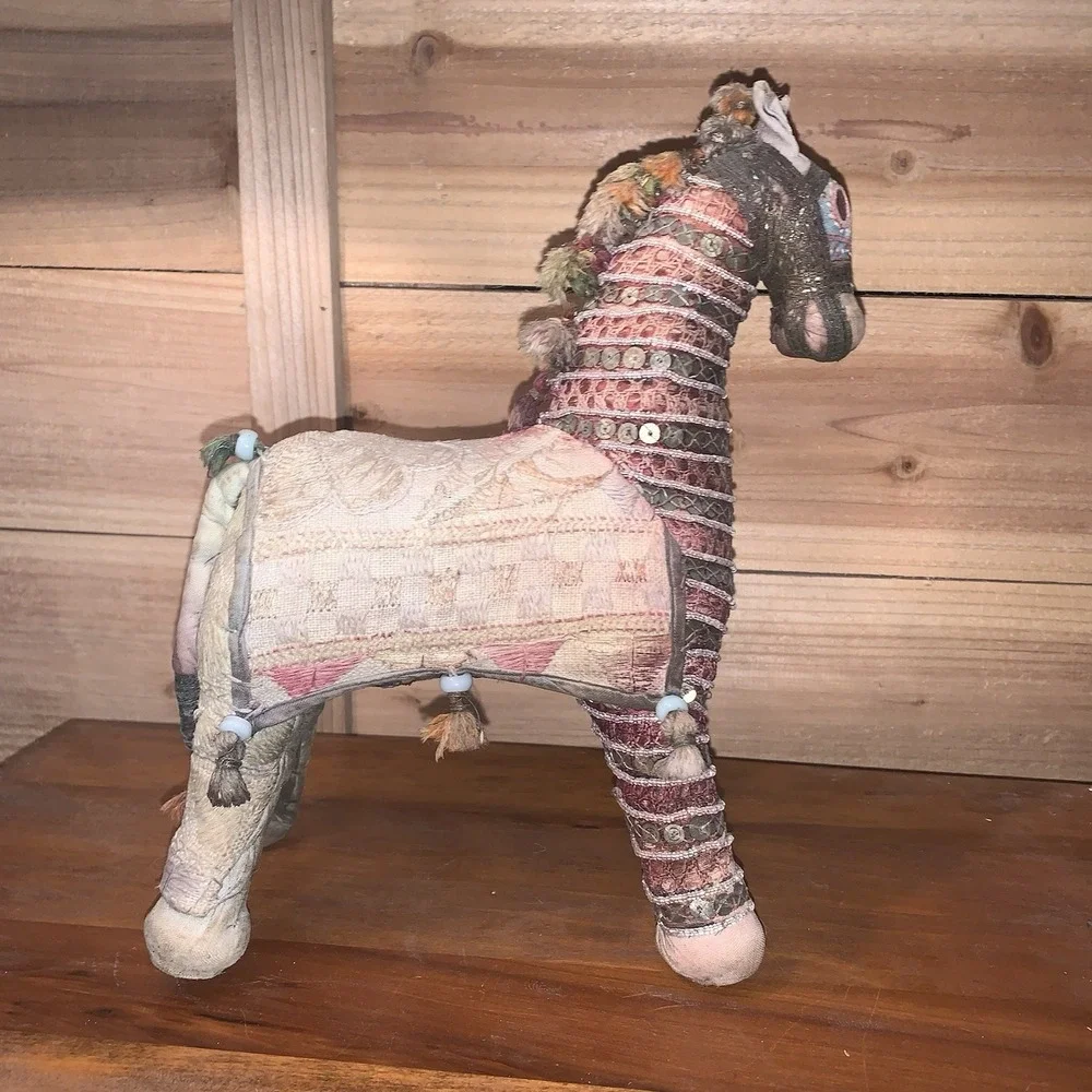 VTG India Folk Art Horse Hand Woven‎ Fabric Mirrors Beads BOHO Rajasthan MCM 12